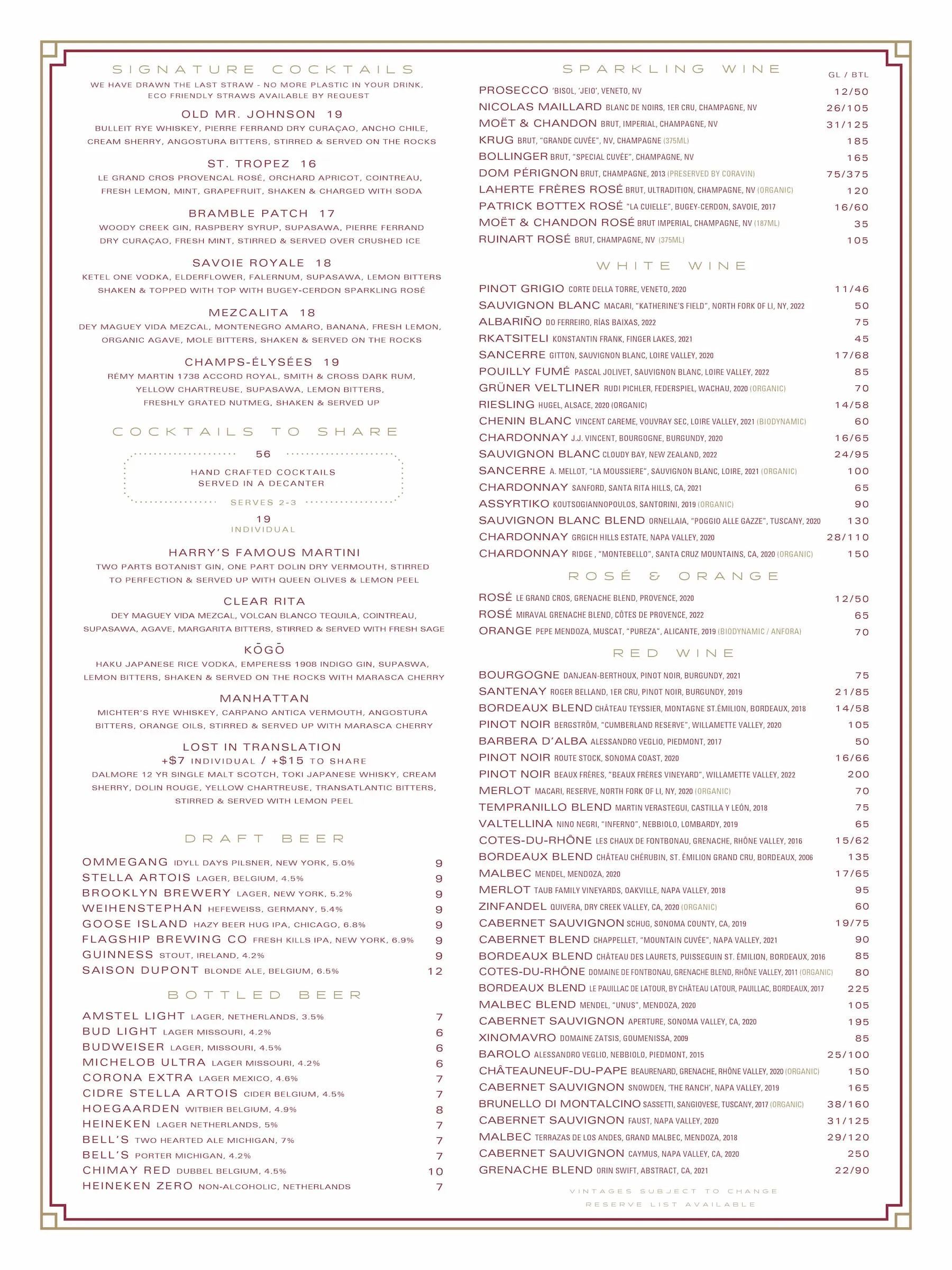 Harry's Bar & Restaurant | New York City Menu